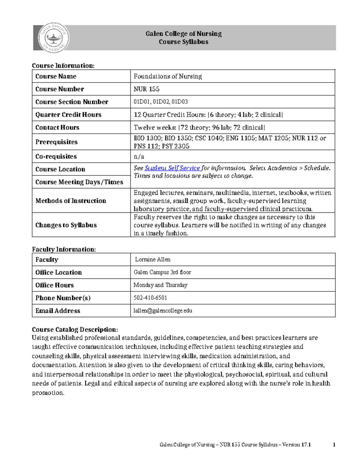 NUR 155 Syllabus Version 17-1 - Galen College of Nursing Course ...