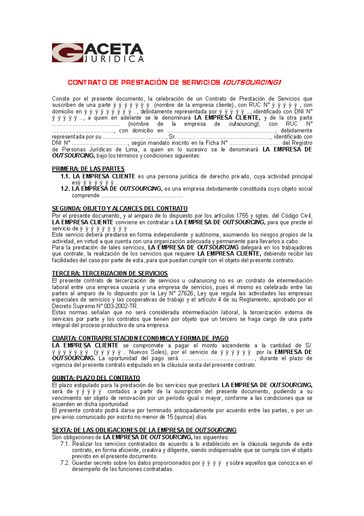 Contrato Final - CONTRATO DE PRESTACIÓN DE SERVICIOS (OUTSOURCING) Conste  por el presente documento, - Studocu