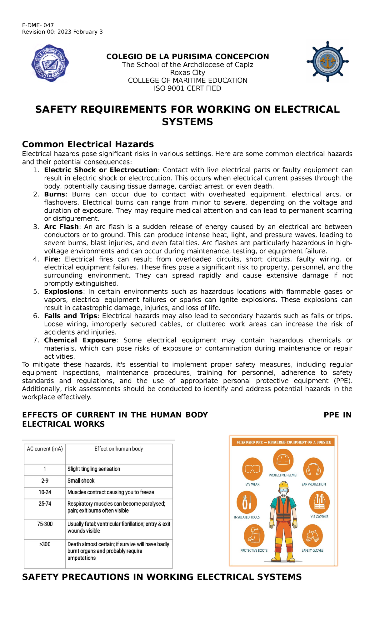 Midterm 1st Lesson Safety IN Electrical Notes - F-DME- 047 Revision 00: ...