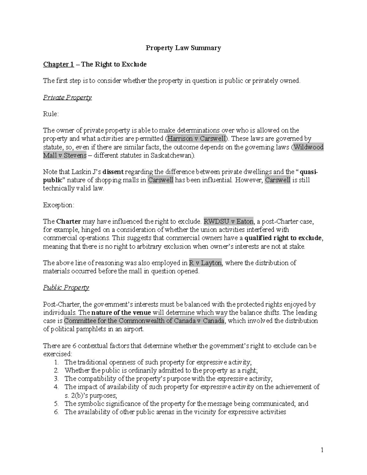 Property Mossman 2012 2 Property Law Summary Chapter 1 The Right to
