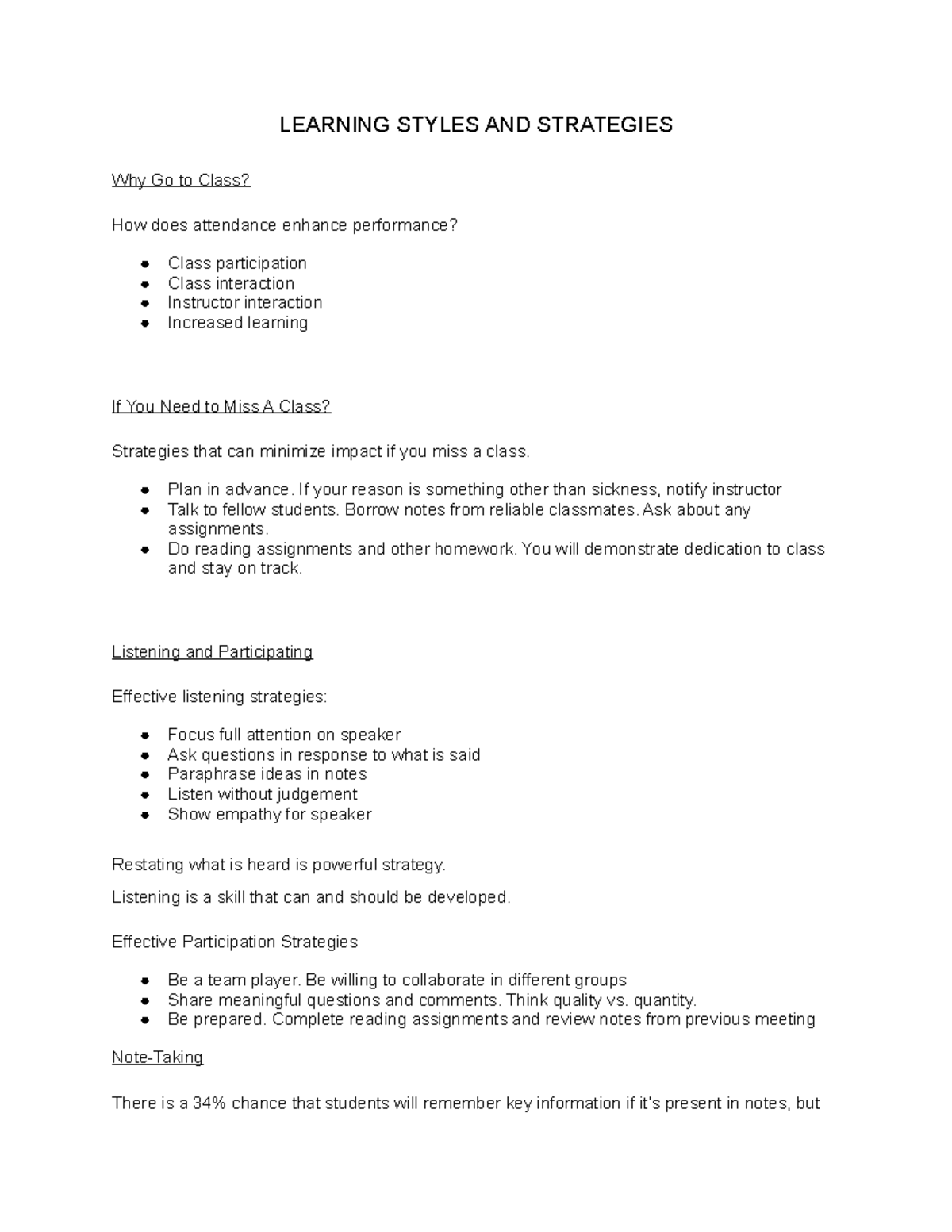 College Success Notes #12 - LEARNING STYLES AND STRATEGIES Why Go to ...