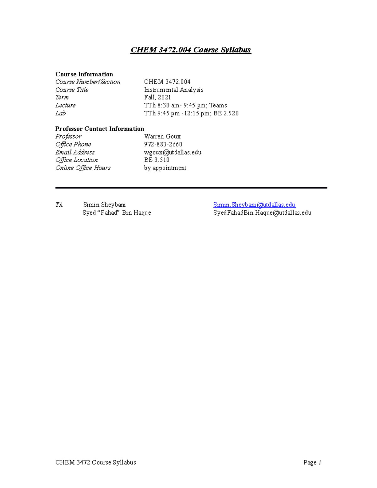 CHEM 3472 Instrumental Analysis Fall 2021 Syllabus CHEM 3472 Course