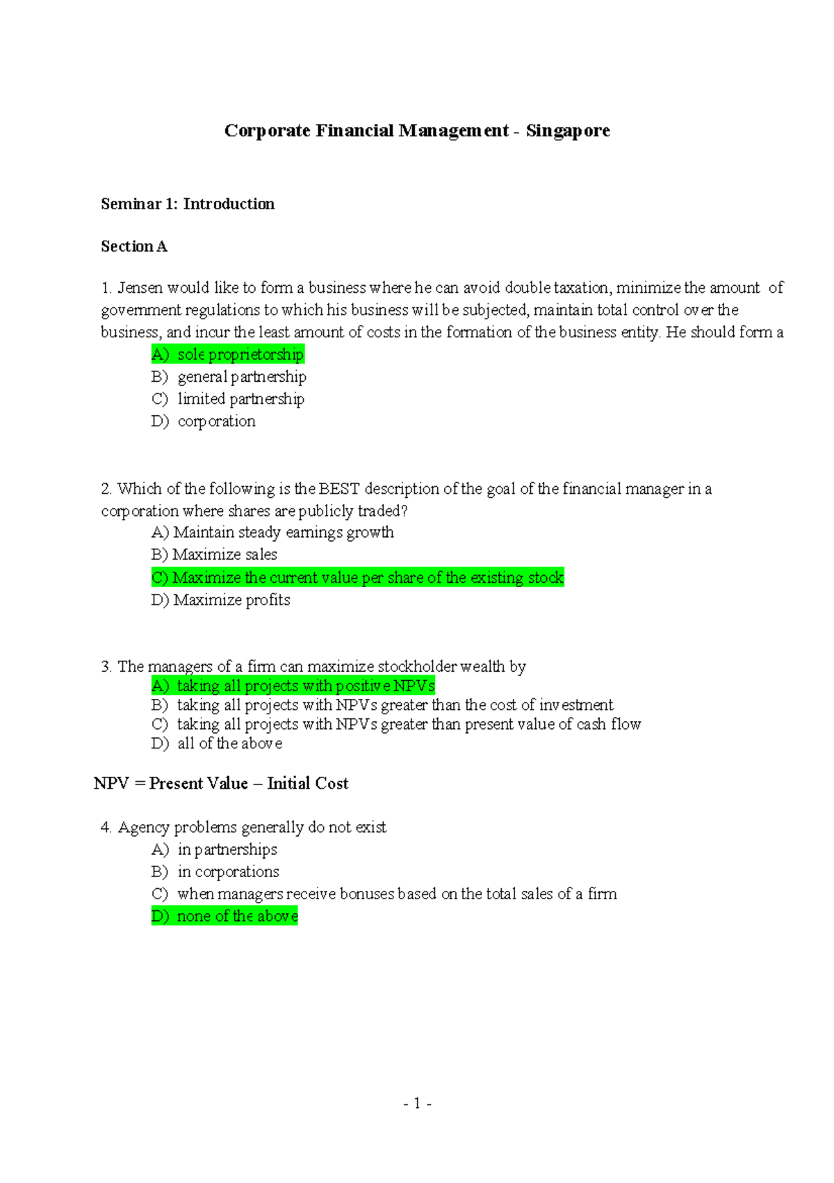 CFM Seminar 1 19-20 - Practice - 1 - Corporate Financial Management ...
