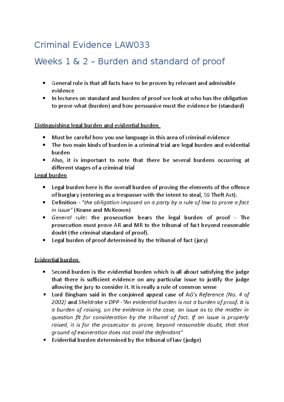 Lectures weeks 1 and 2 burden and standard of proof - Criminal Evidence ...