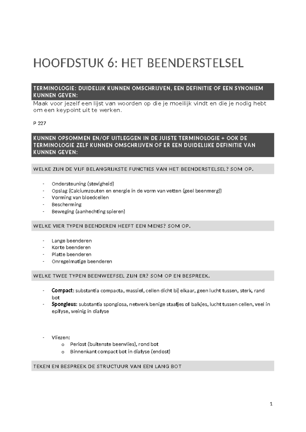 Key Points 6 Het Beenderstelsel Hoofdstuk 6 Het Beenderstelsel Terminologie Duidelijk Kunnen 