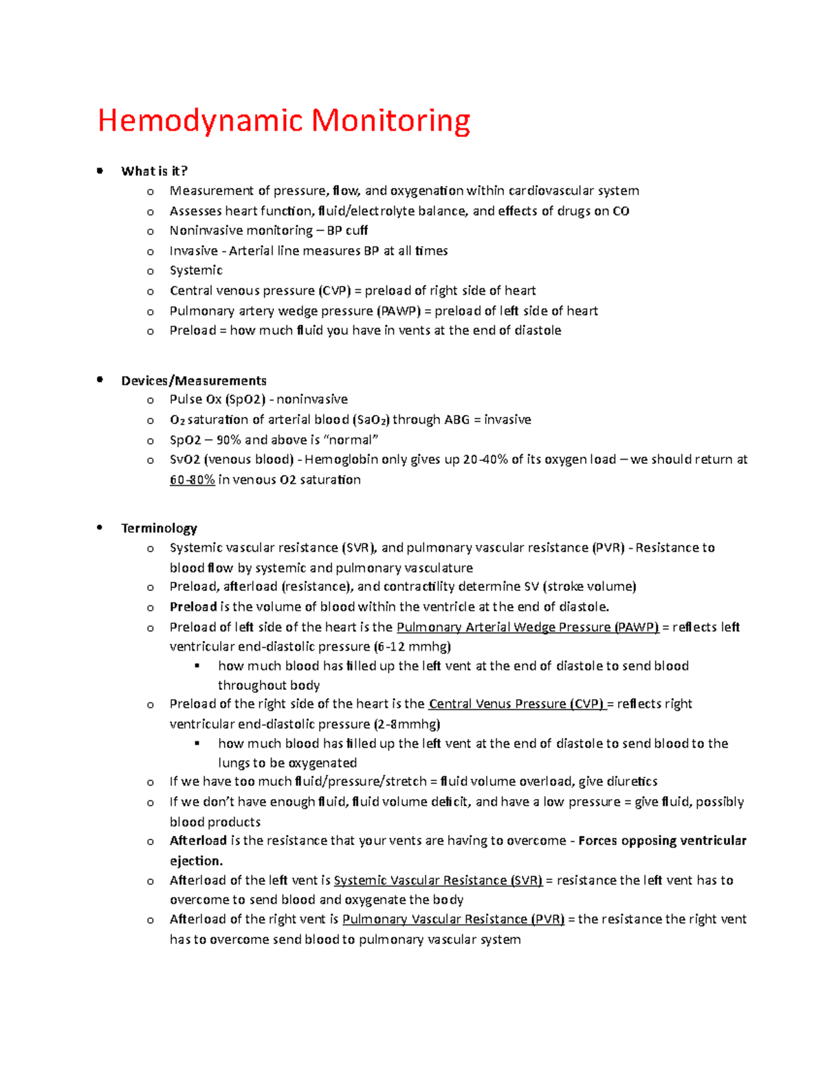 MSII Exam 1 Study Guide Hemodynamic Monitoring Hemodynamic Monitoring