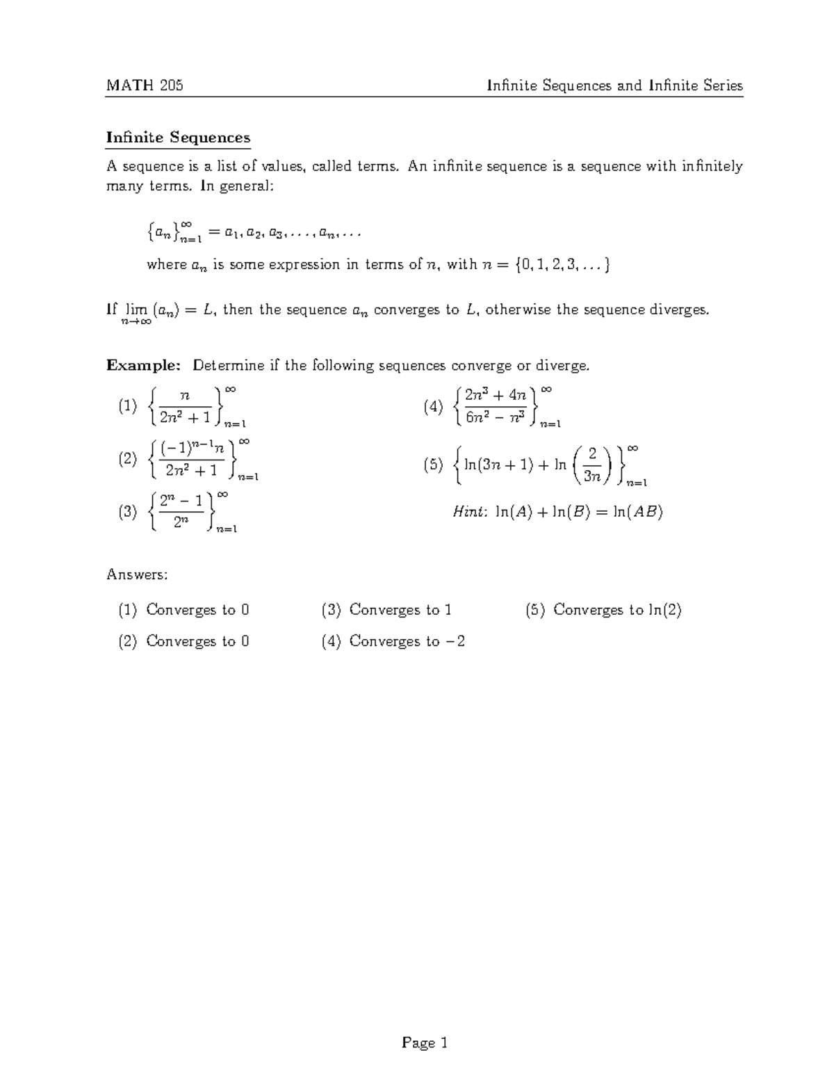 MATH 205 1 Infinite Sequences - MATH 205 Infinite Sequences and ...