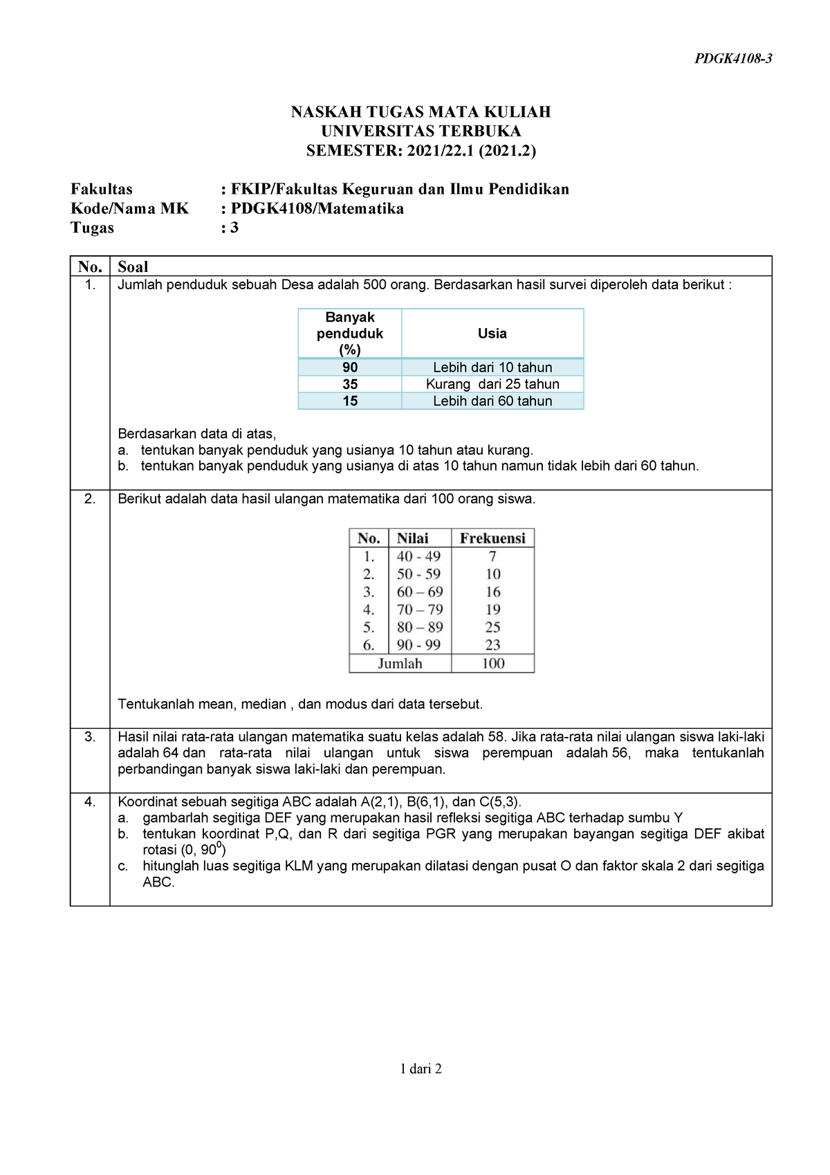 Statistika1234444 - PDGK4108- 1 Dari 2 NASKAH TUGAS MATA KULIAH ...