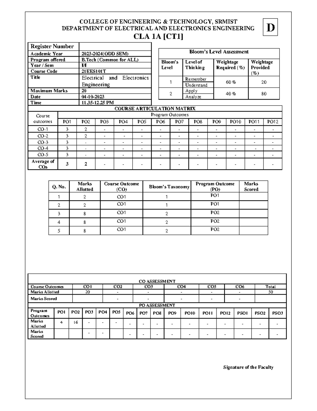 CT1 QP D - Ct paper - COLLEGE OF ENGINEERING & TECHNOLOGY, SRMIST ...