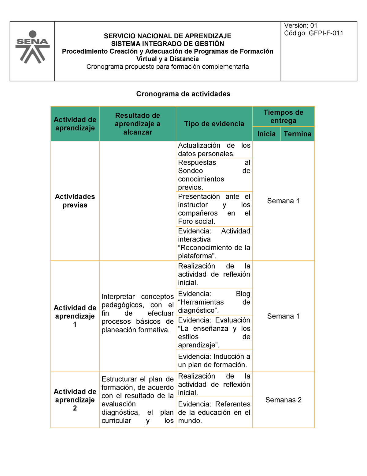 Cronograma de actividades - SERVICIO NACIONAL DE APRENDIZAJE SISTEMA  INTEGRADO DE GESTIÓN - Studocu