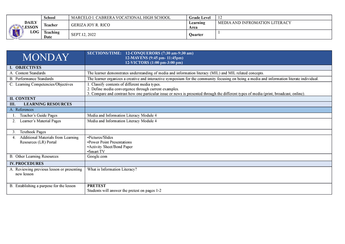 DLL MIL Q1M4 5 - Lesson Plan - Media And Information Literacy - StuDocu