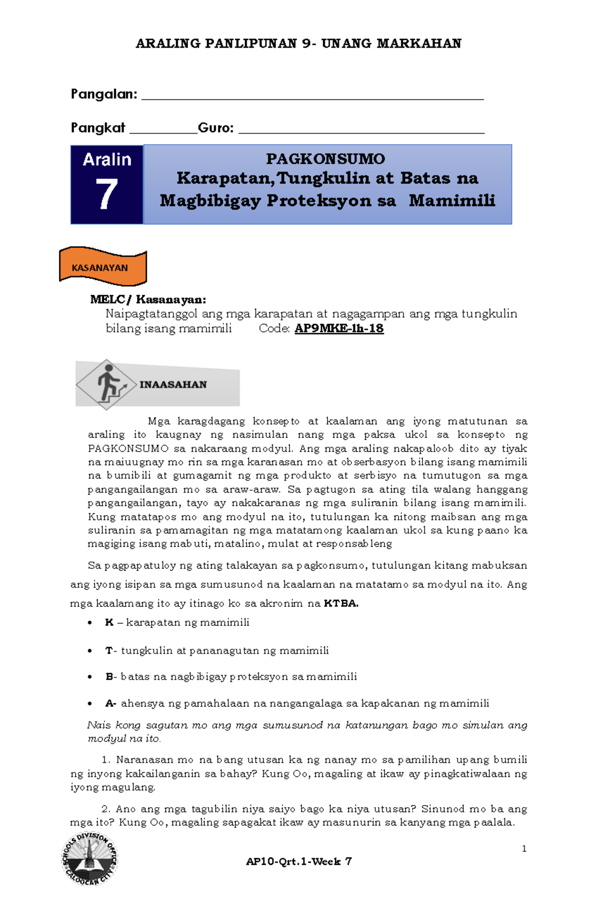 9-AP-Qrt - Yehs - ####### 1 Pangalan ...