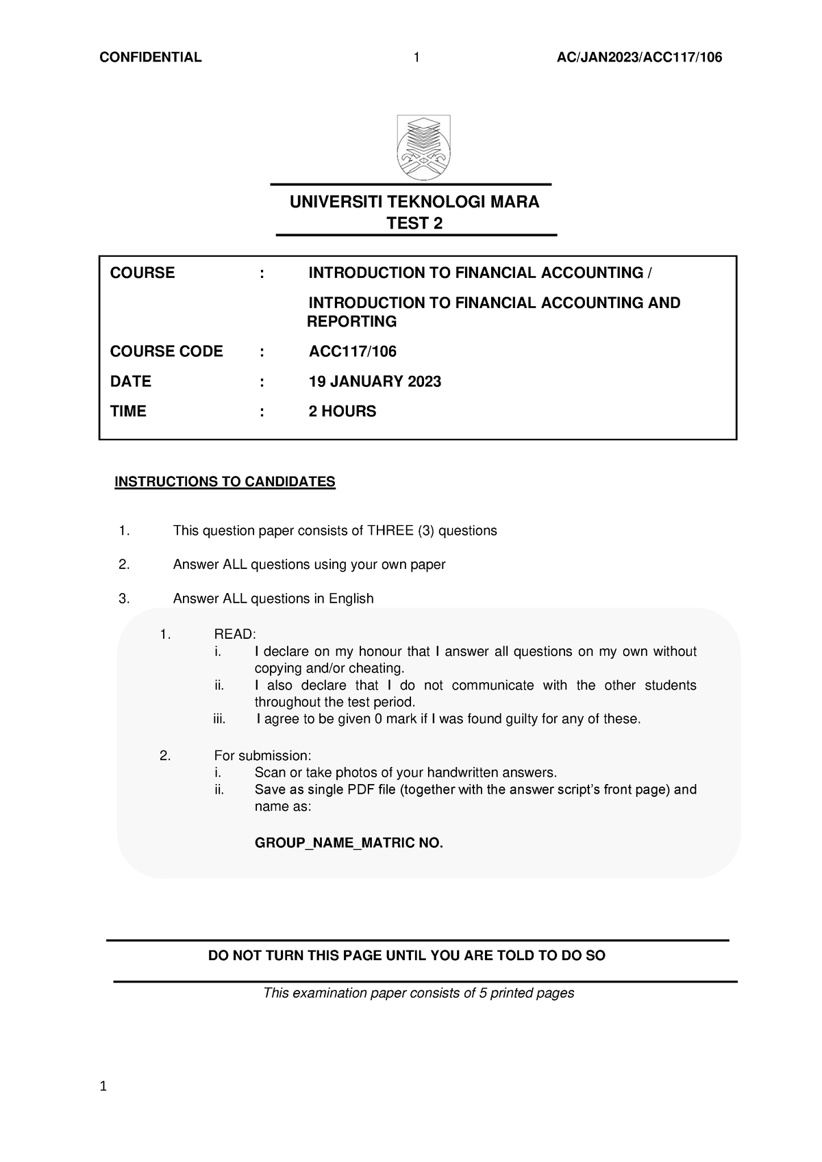 ACC117 106 TEST 2 JAN2023 Q - UNIVERSITI TEKNOLOGI MARA TEST 2 ...