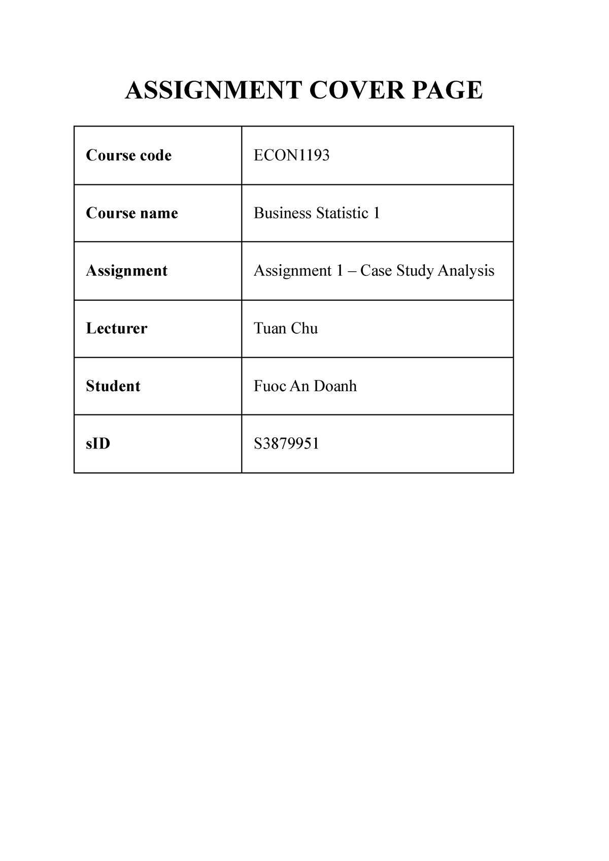 statistics assignment cover page