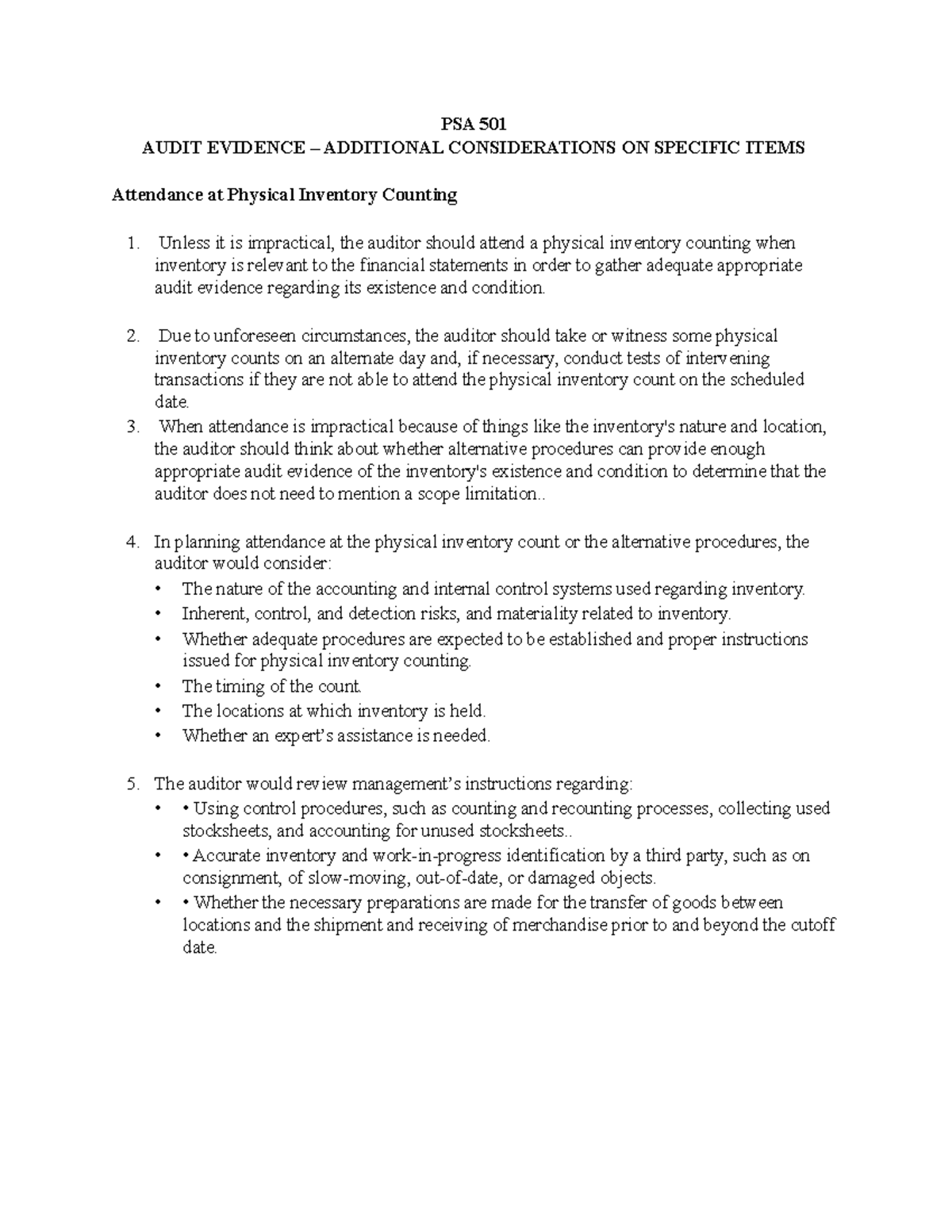 PSA 501 Audit Evidence addition consideration - PSA 501 AUDIT EVIDENCE ...