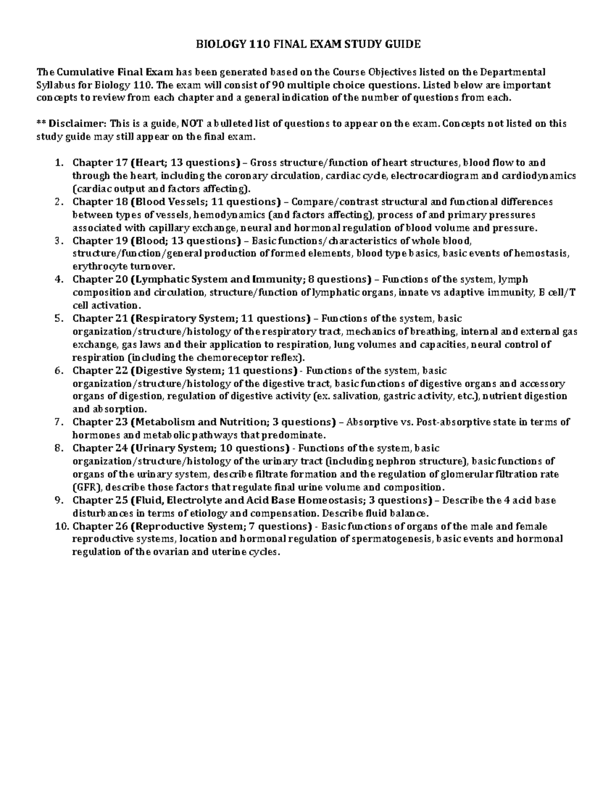 Biology 110 Study Guide - BIOLOGY 110 FINAL EXAM STUDY GUIDE The ...