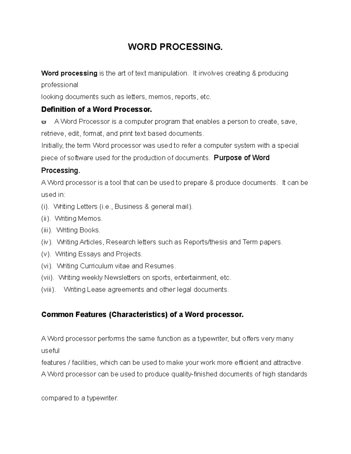 WORD Processing Notes - WORD PROCESSING. Word Processing Is The Art Of ...