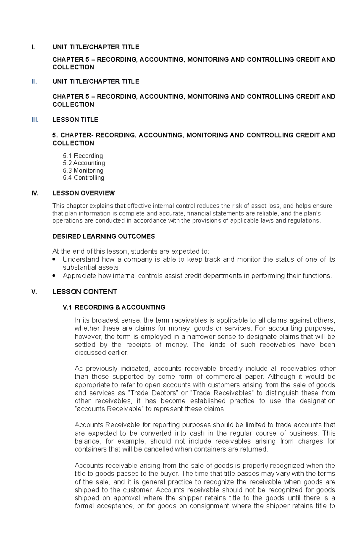 2 - P.E - I. UNIT TITLE/CHAPTER TITLE CHAPTER 5 – RECORDING, ACCOUNTING ...