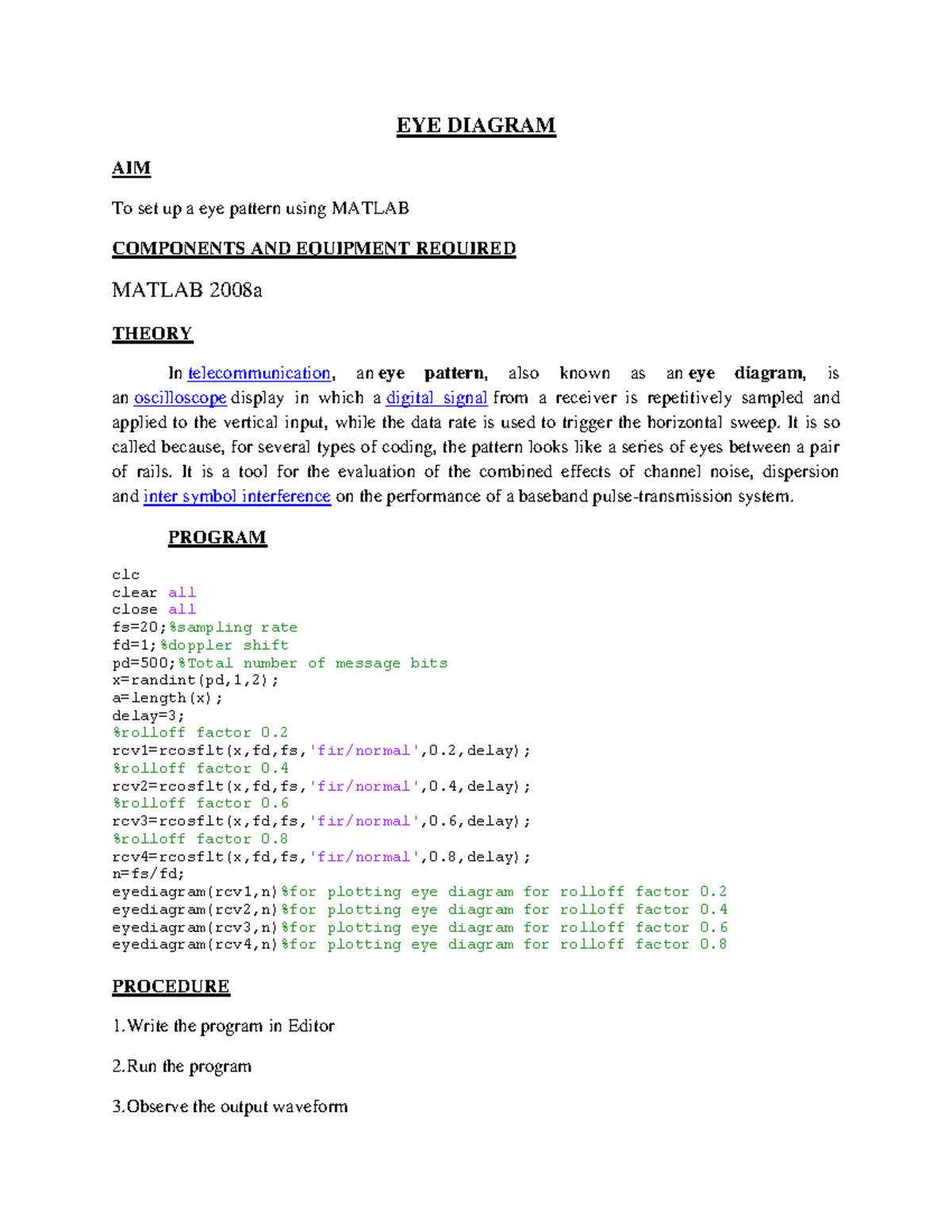 EYE Diagram - Good note - EYE DIAGRAM AIM To set up a eye pattern using ...