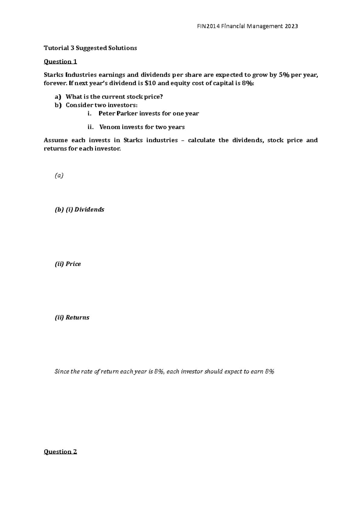 FIN2014 Tutorial 3 Solutions - Tutorial 3 Suggested Solutions Question ...