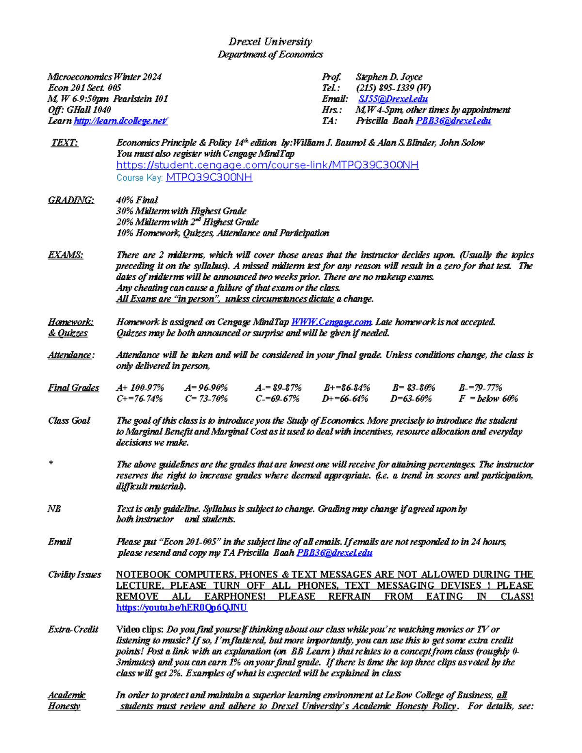 Drexel Micro Syllabus Winter 2024 Econ 201-005 - Drexel University ...