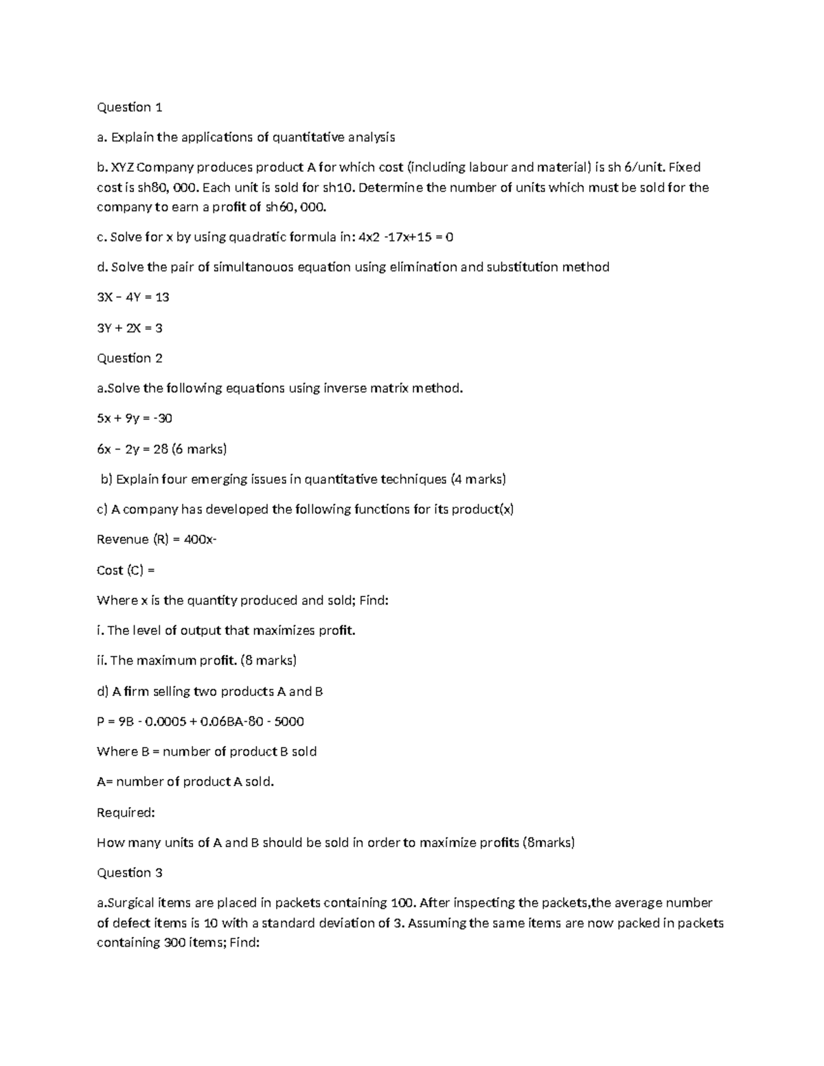 Quantative techn - business management - Question 1 a. Explain the ...