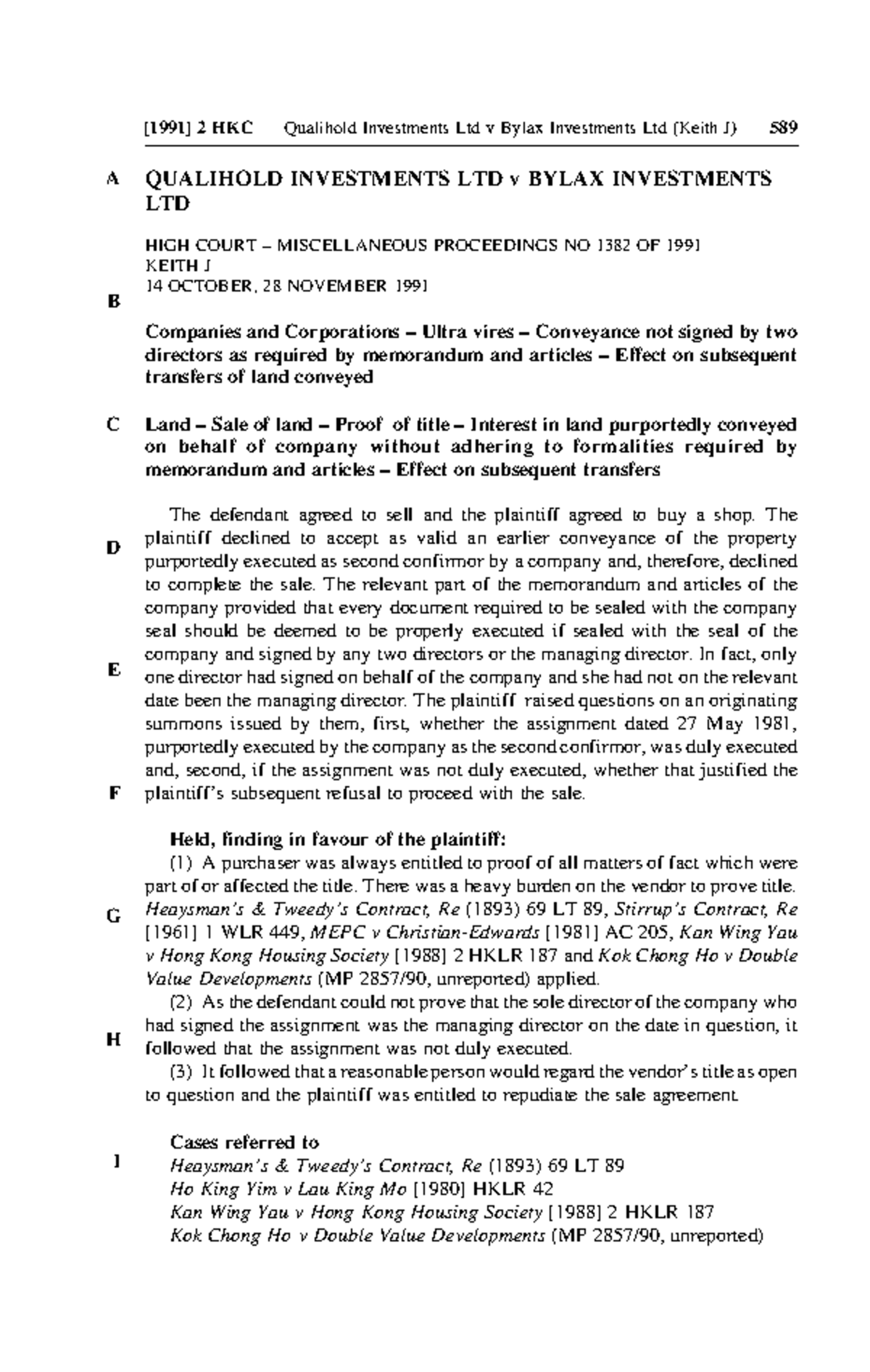 Qualihold 1991 company cases A B C D E F G H I [1991] 2