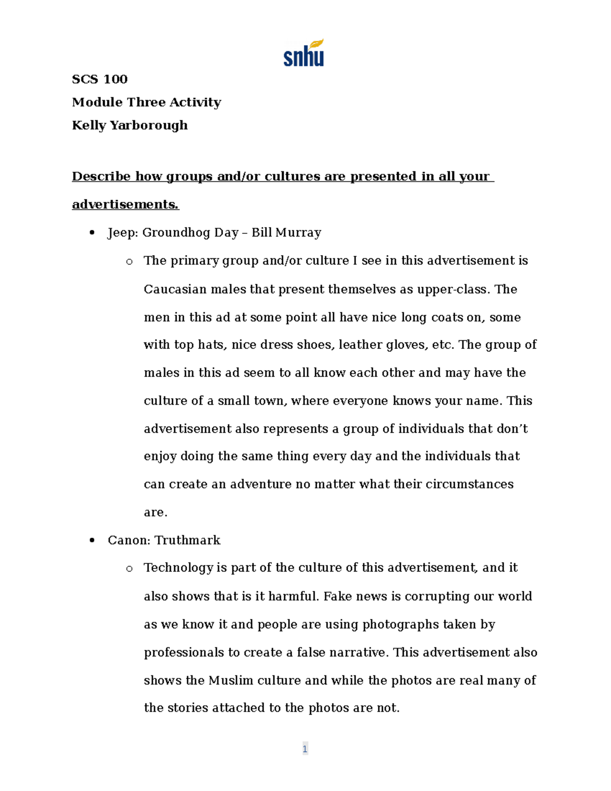 SCS 100 Module Three Activity SCS 100 Module Three Activity Kelly