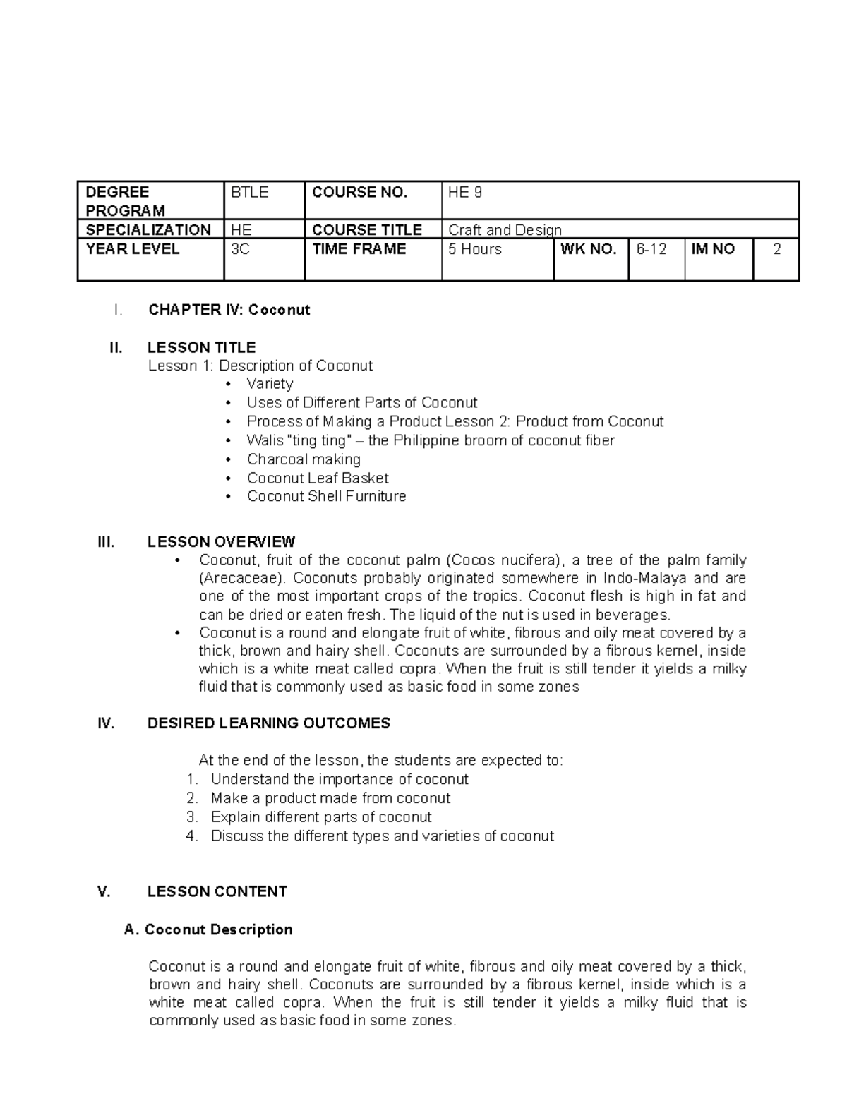 HE 9 Coconut - Home Economics - DEGREE PROGRAM BTLE COURSE NO. HE 9 ...