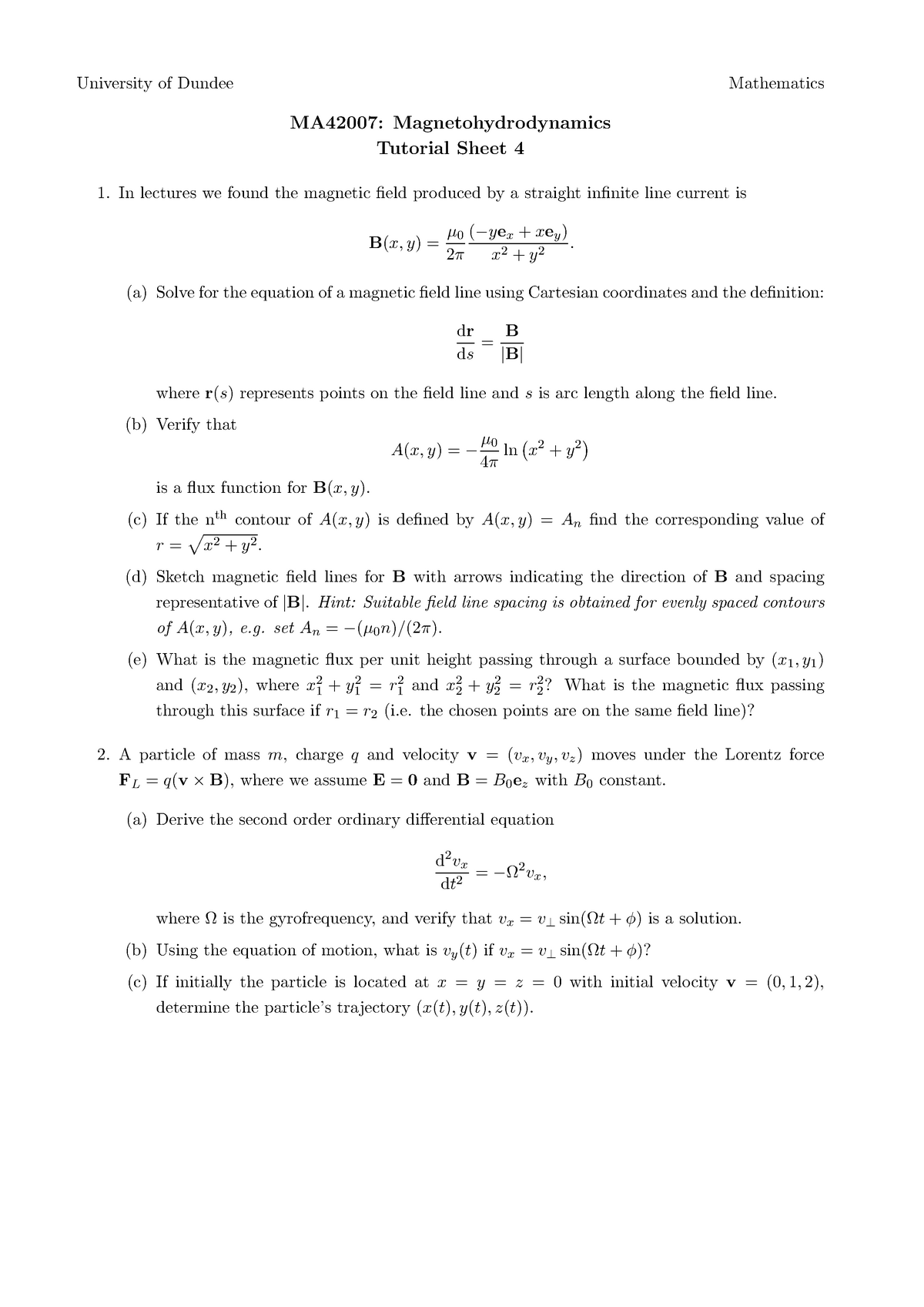 Week 4 Worksheet Wk4 Sheet University Of Dundee Mathematics Ma407 Magnetohydrodynamics Studocu