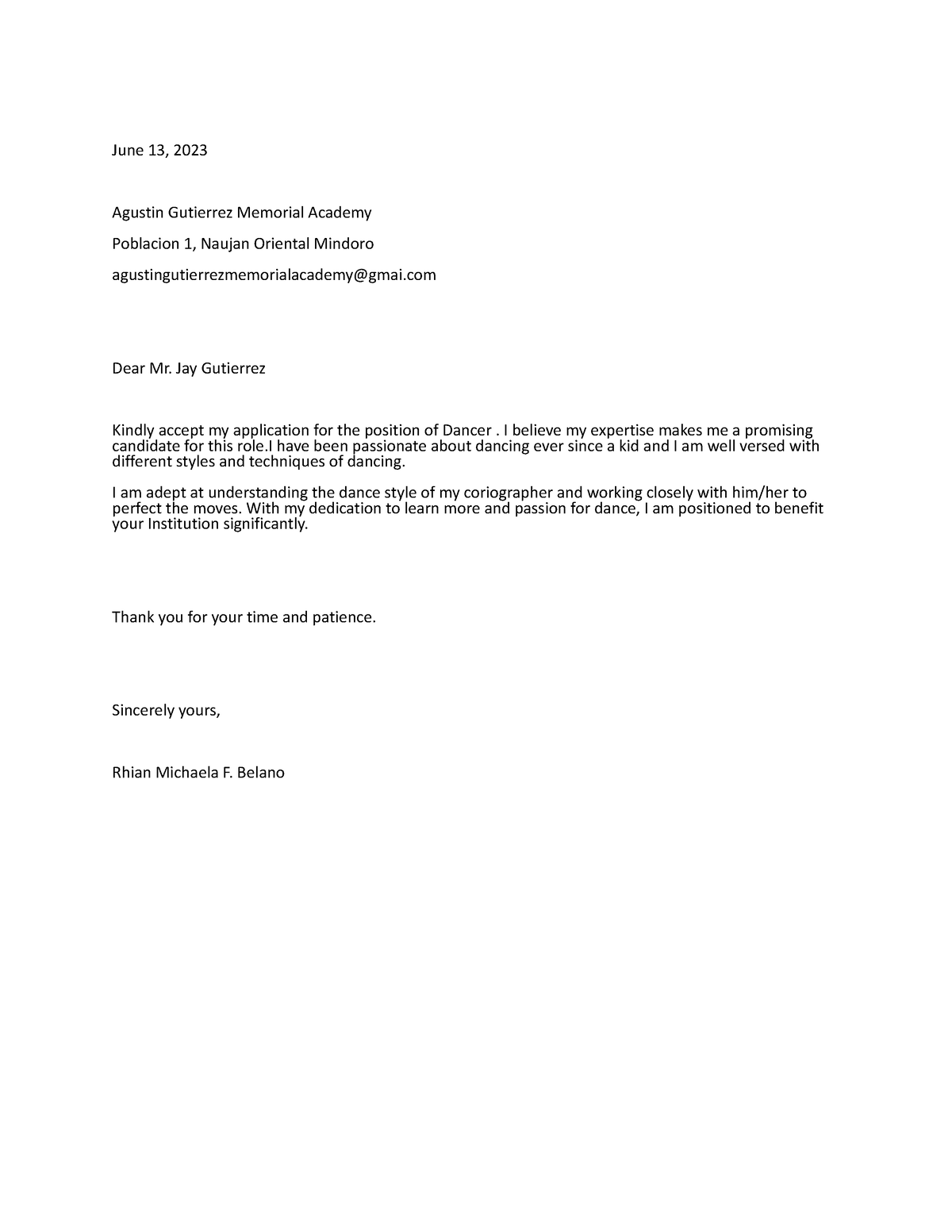 Activity cover letter - nothing - June 13, 2023 Agustin Gutierrez ...