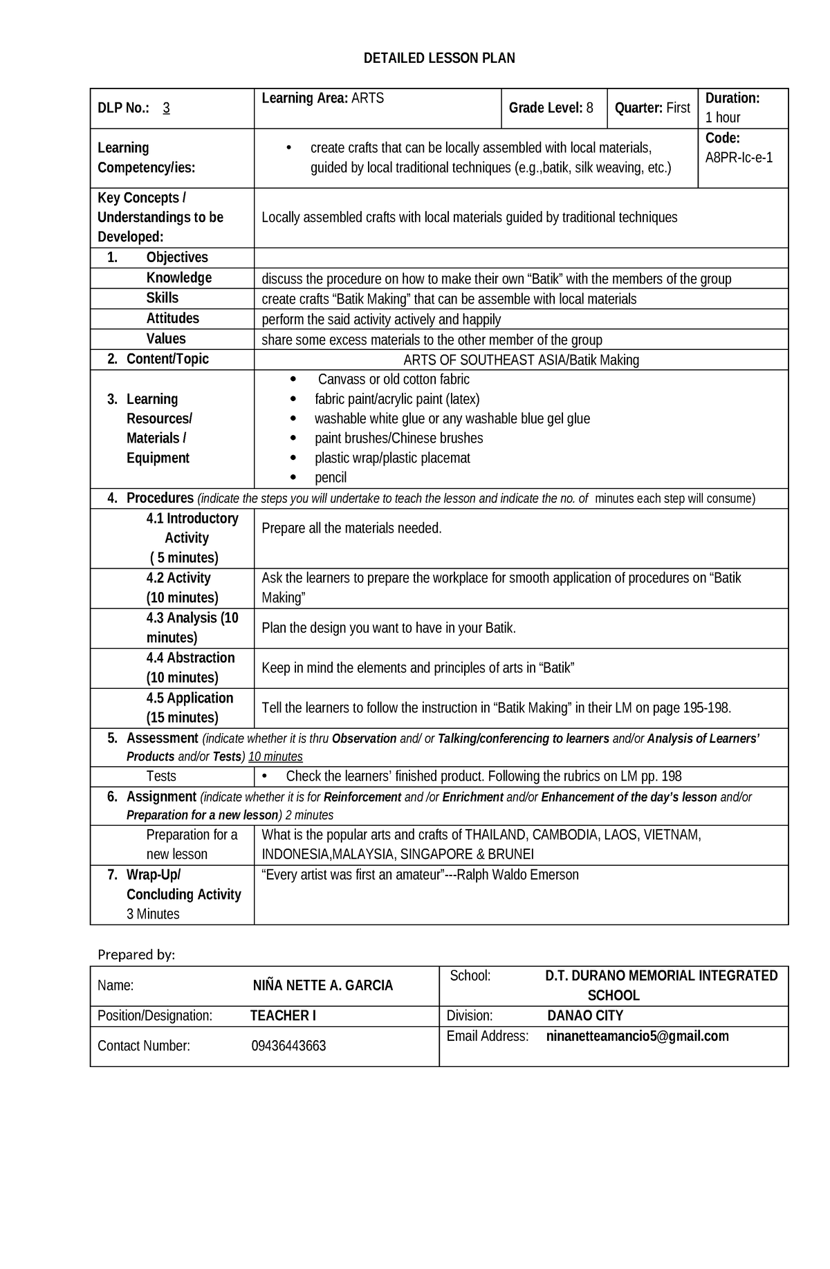 3 A8PR-Ic-e-1 - lesson plan for mapeh - DETAILED LESSON PLAN DLP No.: 3 ...