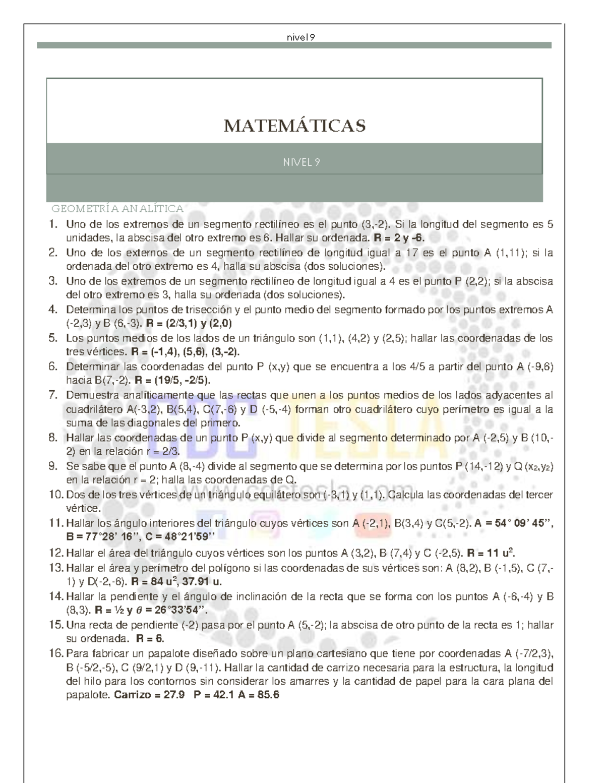 Nivel 9 ESPA OL MATEM TICAS NIVEL 9 GEOMETR A ANAL TICA 1 Uno De 