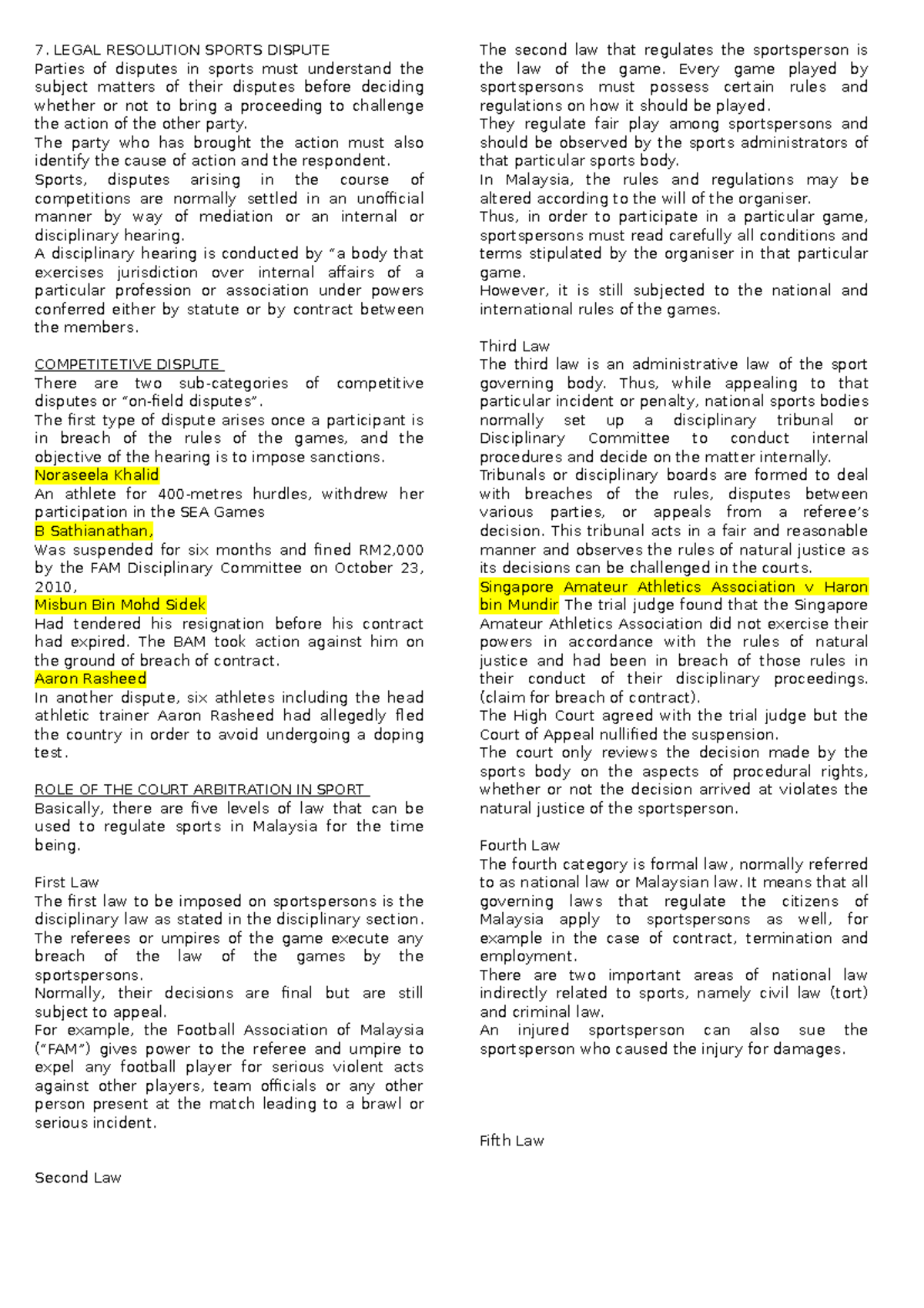 7. Sports Law Legal disputes 2 - 7. LEGAL RESOLUTION SPORTS DISPUTE ...