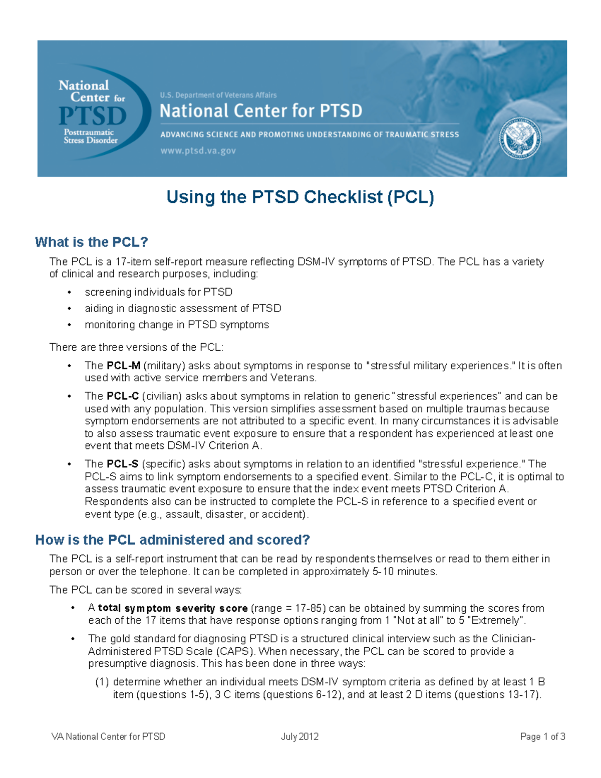 Using The PTSD Checklist (PCL) - Page 1 Of 3 Using The PTSD Checklist ...