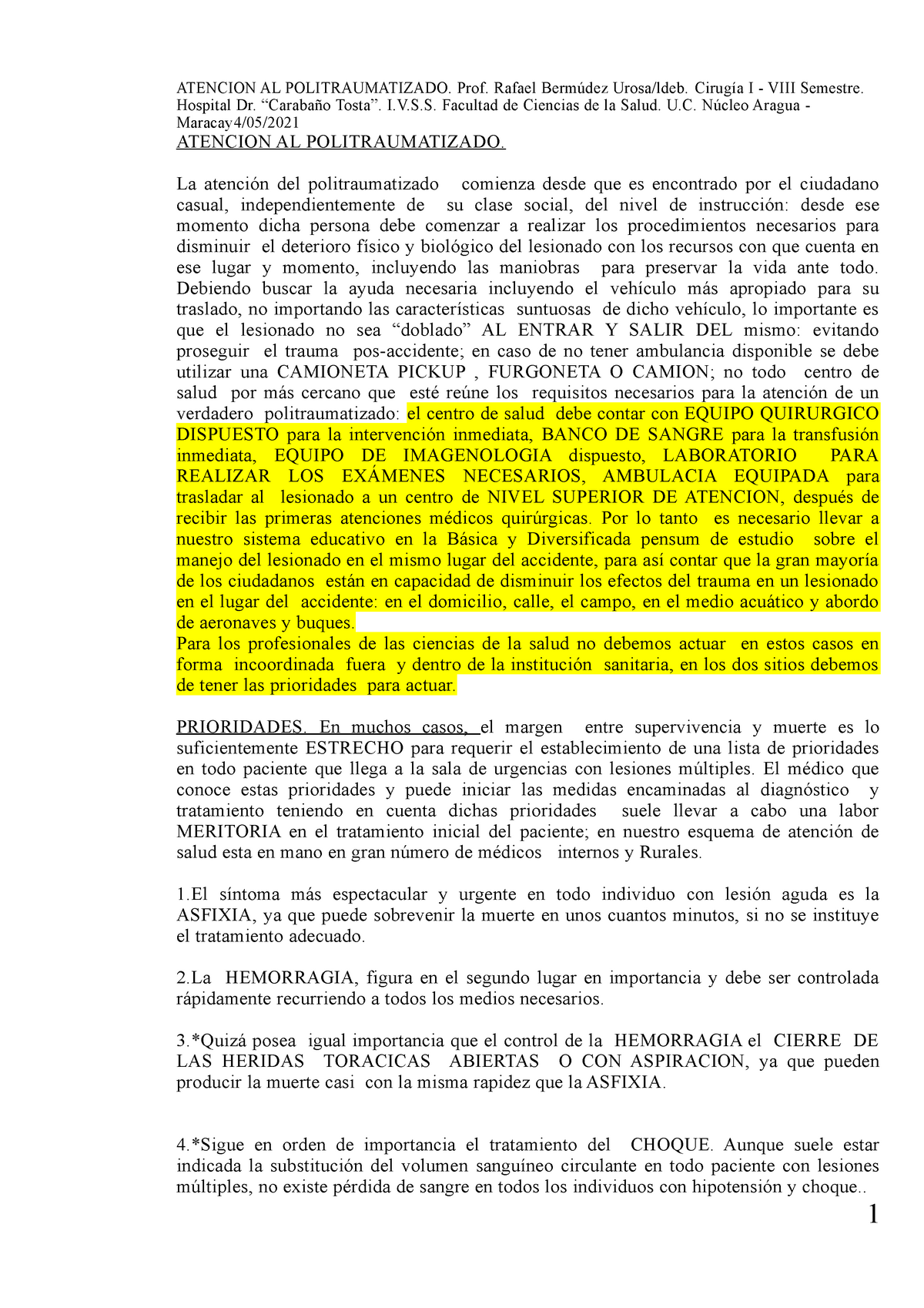 Atencion Al Politraumatizado Hospital Dr Caraba Tosta Facultad De Ciencias De La Salud Cleo Aragua Maracay7 09 Atencion Al Politraumatizado La Atenci Del Studocu