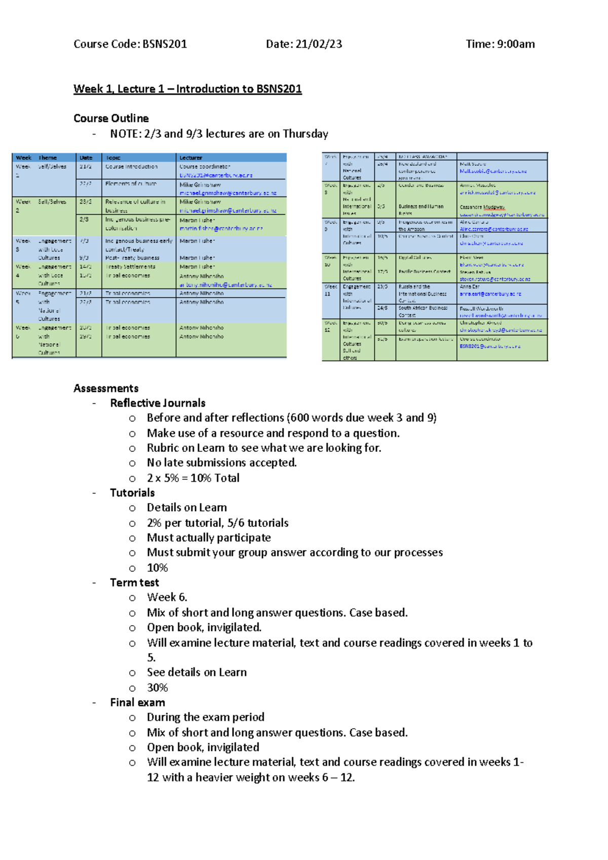 BSNS201 W1-5 Lect notes - Course Code: BSNS201 Date: 21/02/23 Time: 9 ...