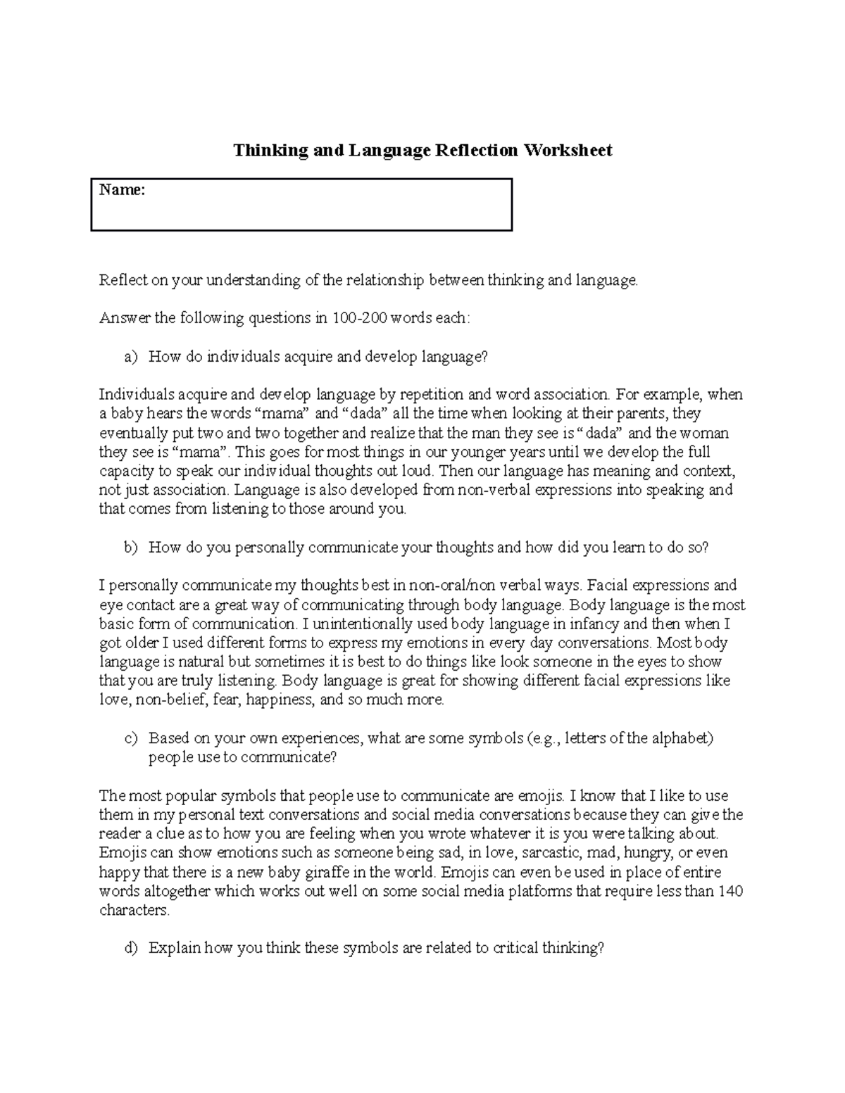 PHI-105 Thinking and Language Reflection Worksheet - Thinking and Language  Reflection Worksheet - Studocu