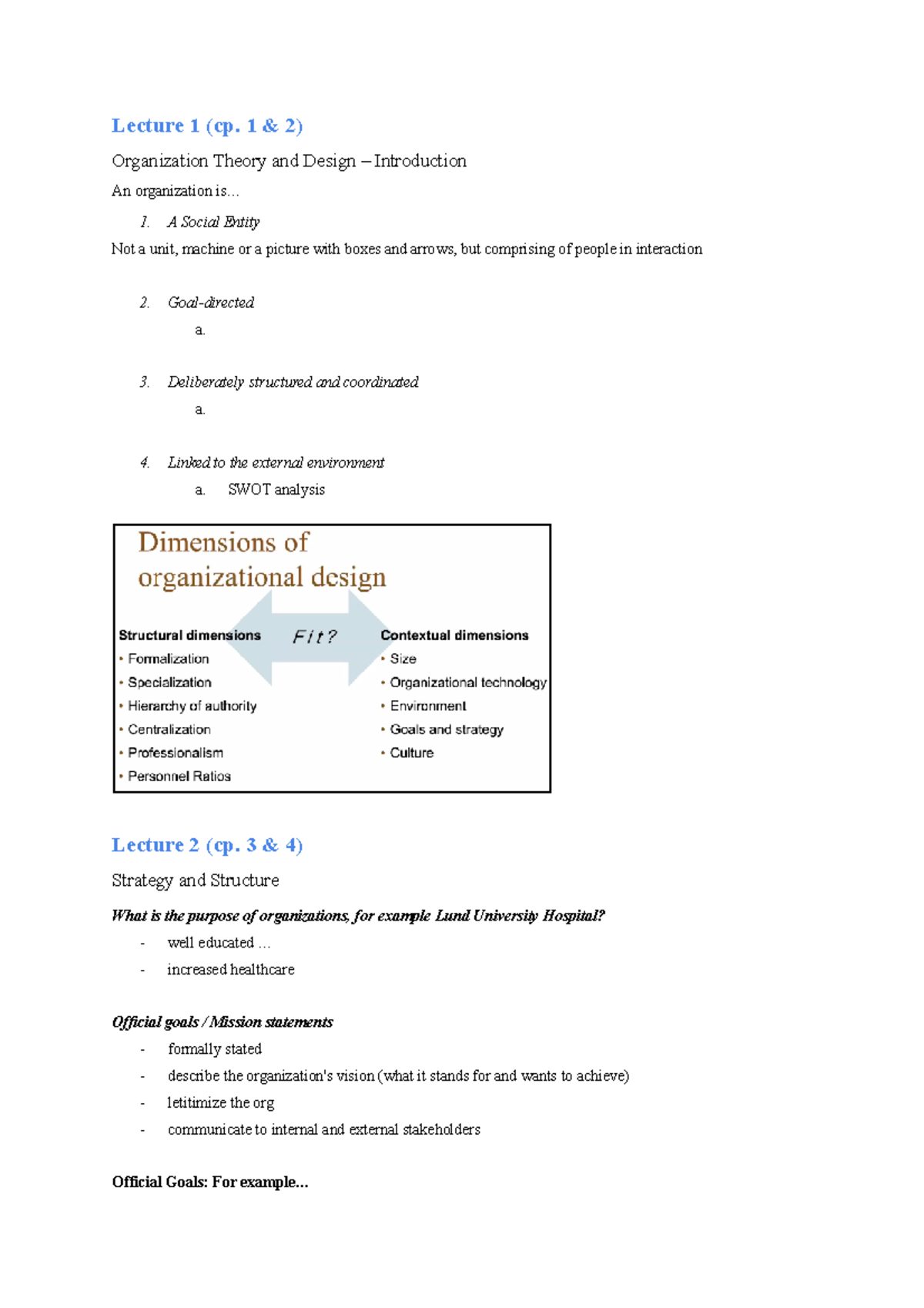 FEKG11 – Lecture notes from Strategic Organizing - Lecture 1 (cp. 1 & 2 ...