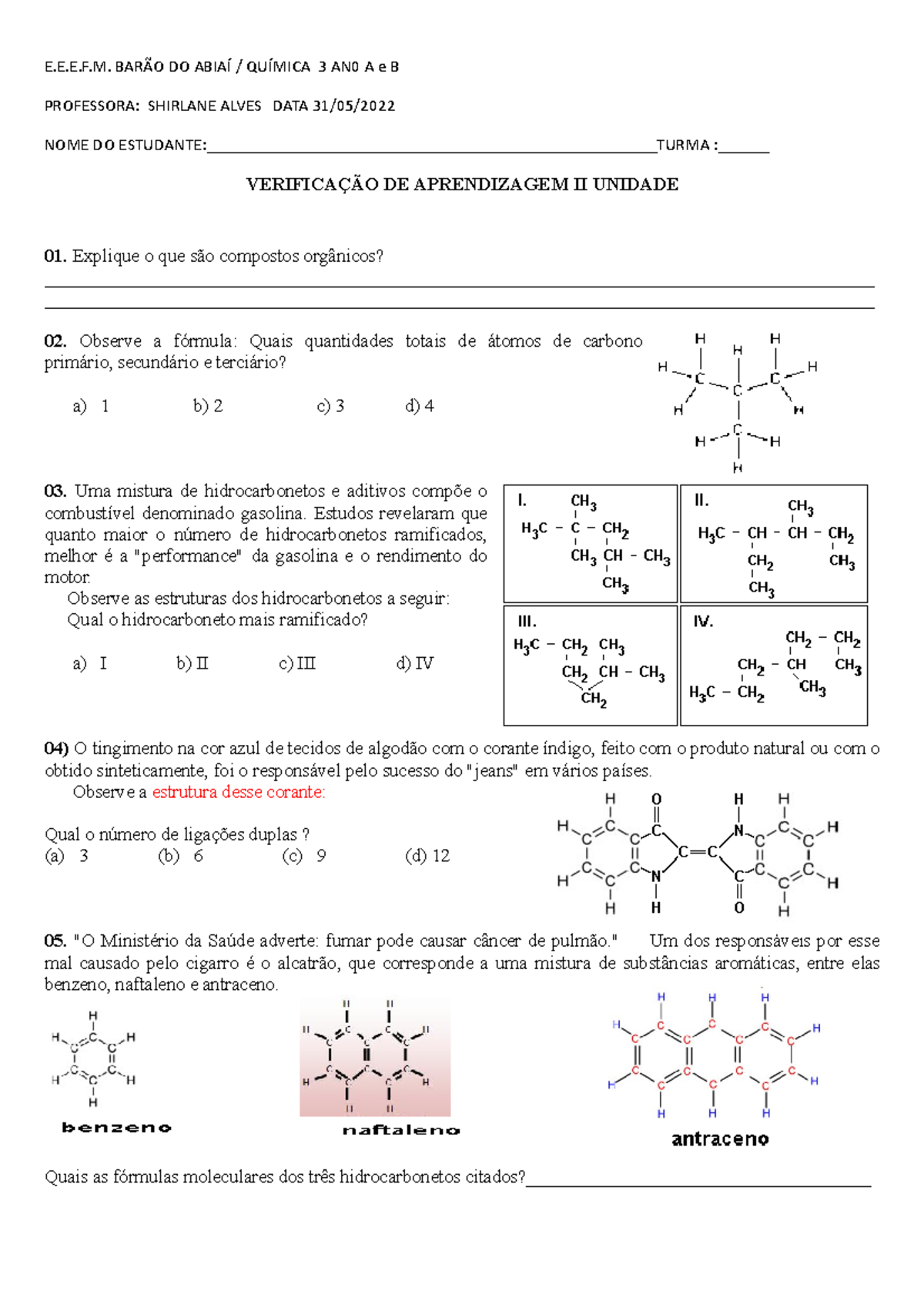 Avaliação DO II Bimestre Química 3 ANO 2022 - E.E.E.F. BARÃO DO ABIAÍ ...