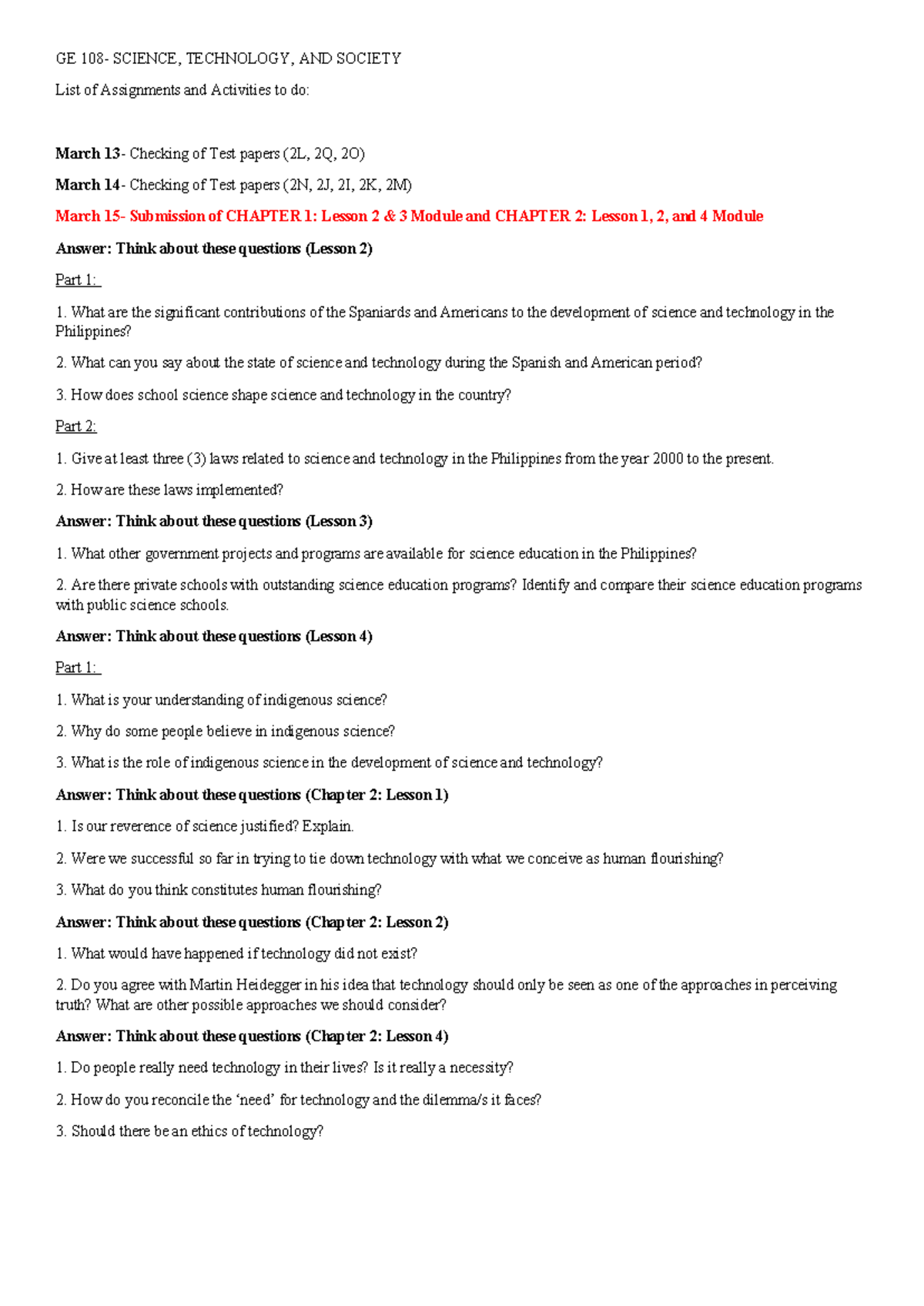 GE 108 Assignments AND Activities - GE 108- SCIENCE, TECHNOLOGY, AND ...