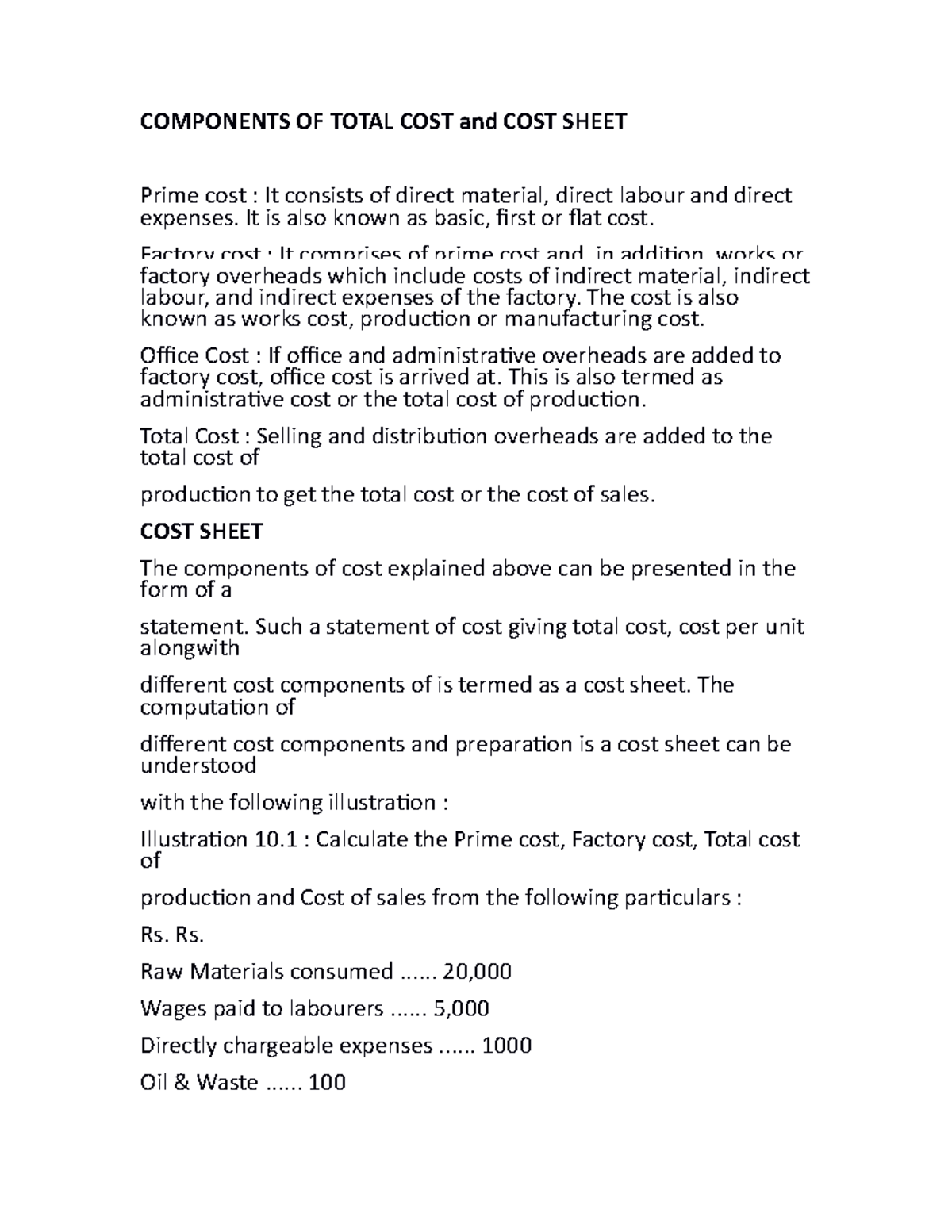 Components OF Total COST and COST Sheet COMPONENTS OF TOTAL COST and