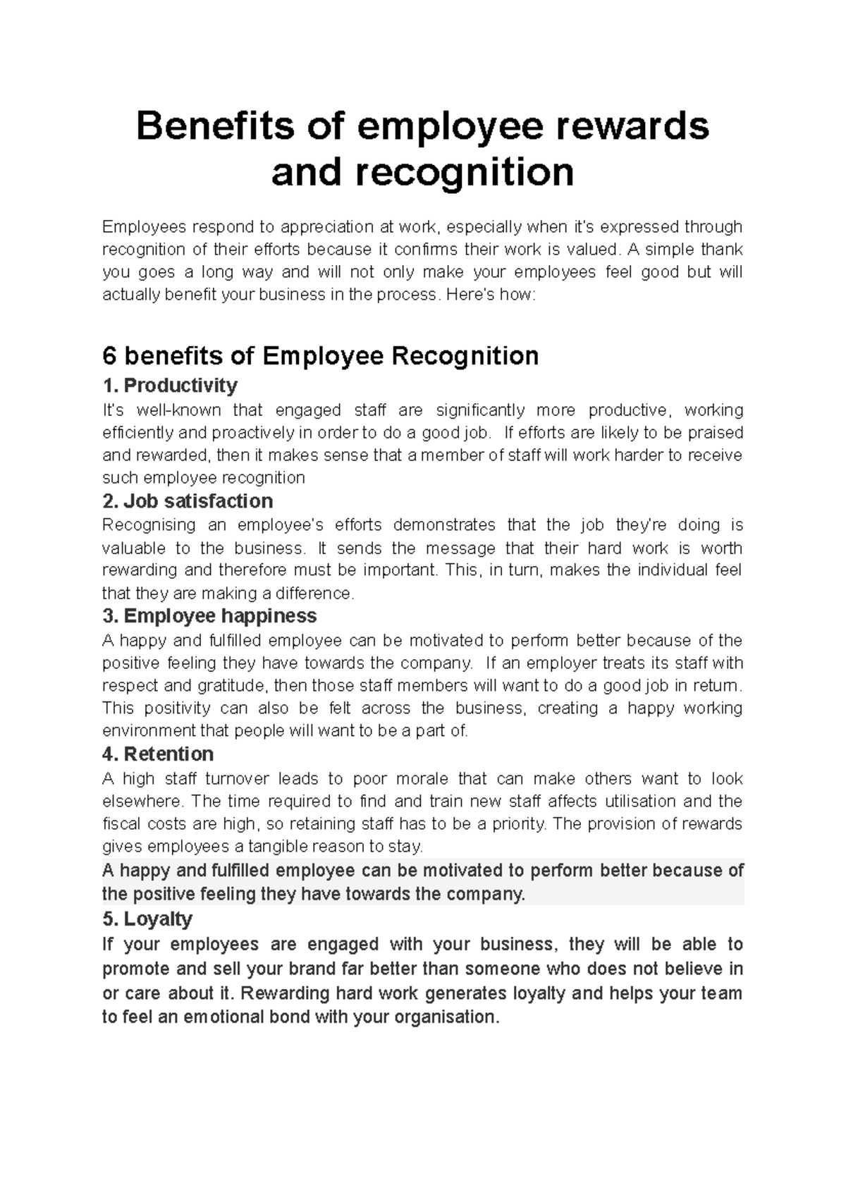 Benefits of employee rewards recognition Benefits of employee rewards