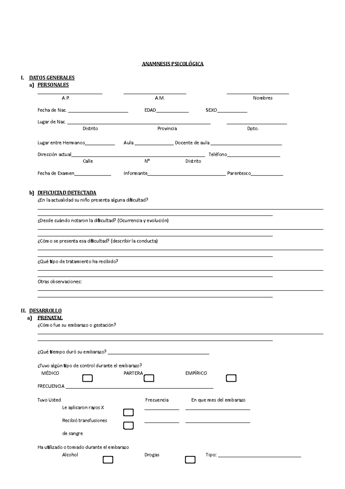 Formato De Anamnesis 01 - ANAMNESIS PSICOLÓGICA I. DATOS GENERALES A ...