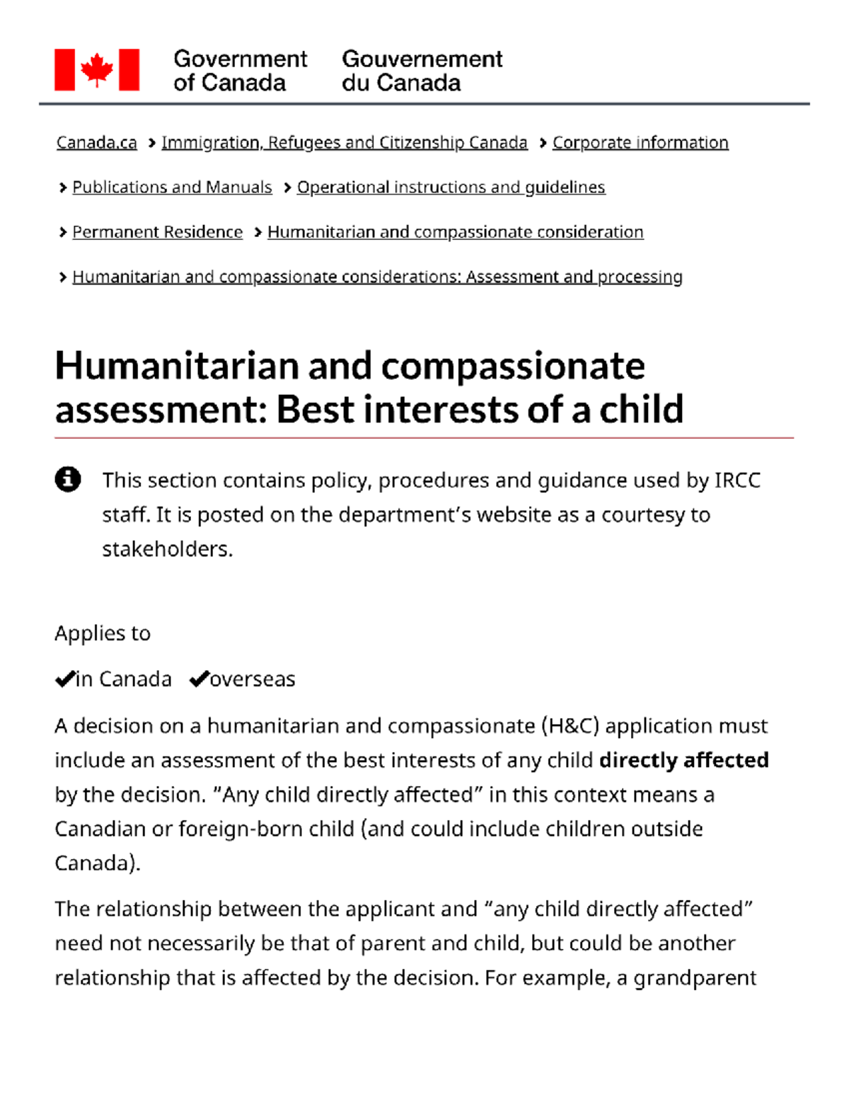 IRCC Operational Instructions Humanitarian and compassionate assessment ...