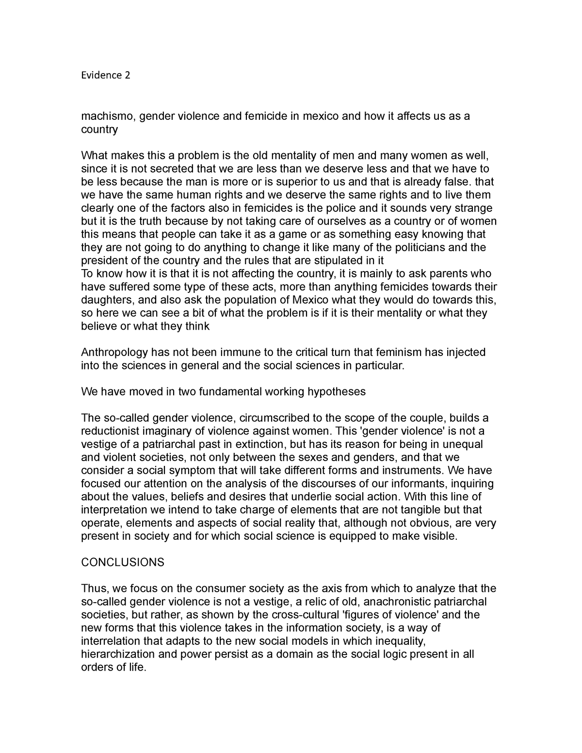 Evidence 2 anthropology - Evidence 2 machismo, gender violence and ...