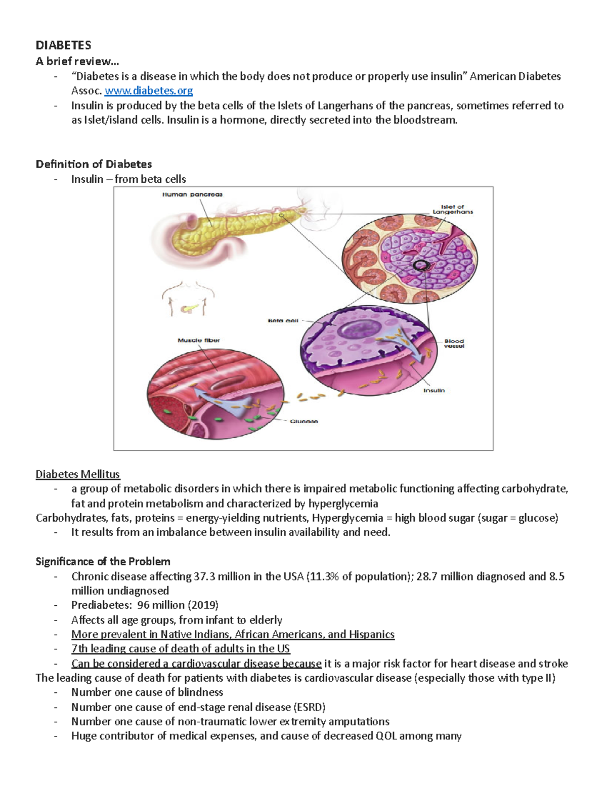 Diabetes Lecture Notes - DIABETES A brief review... “Diabetes is a ...