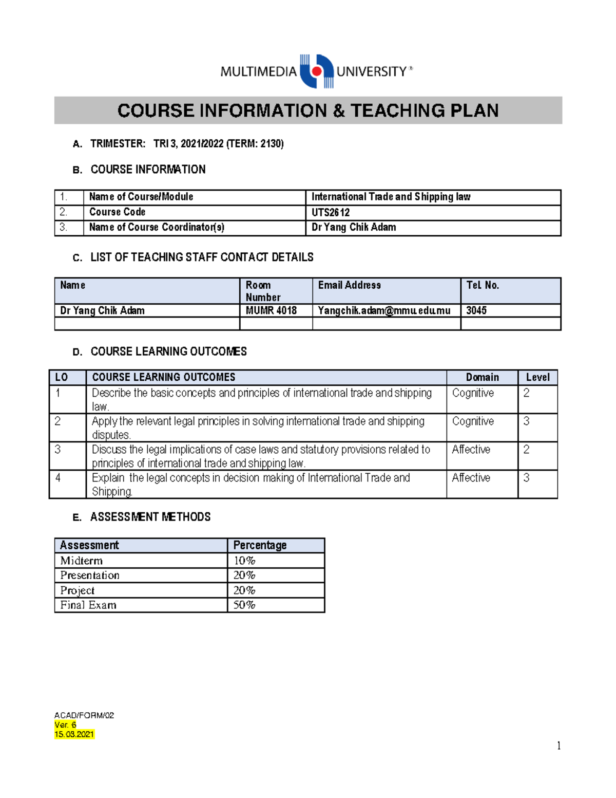 Course Information and Teaching Plan UTS2612 Student Version MMLS 3 ...