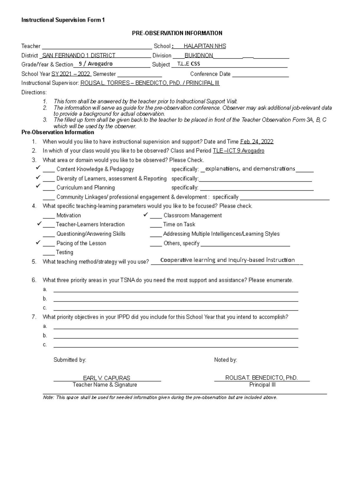 Instructional Supervision Form 1 HNHS Covid TIME - Instructional ...