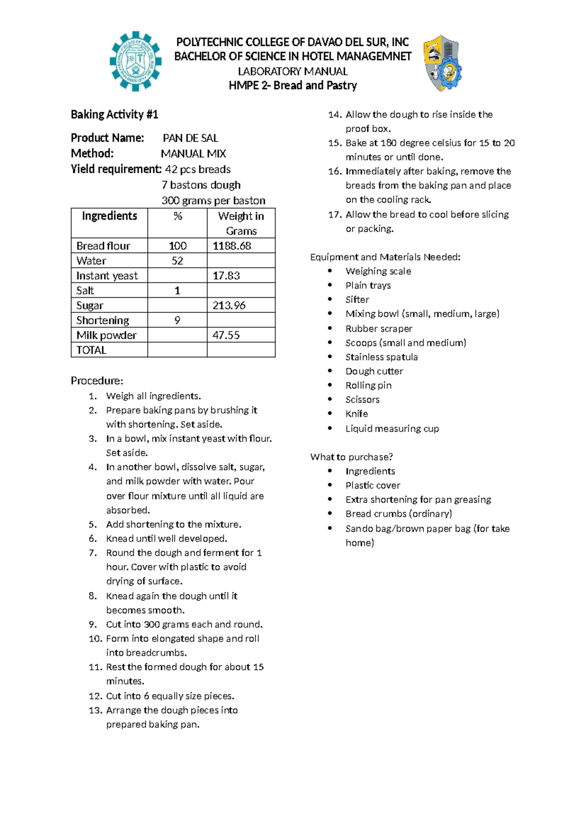 Baking Activity #1 and #2 - POLYTECHNIC COLLEGE OF DAVAO DEL SUR, INC ...